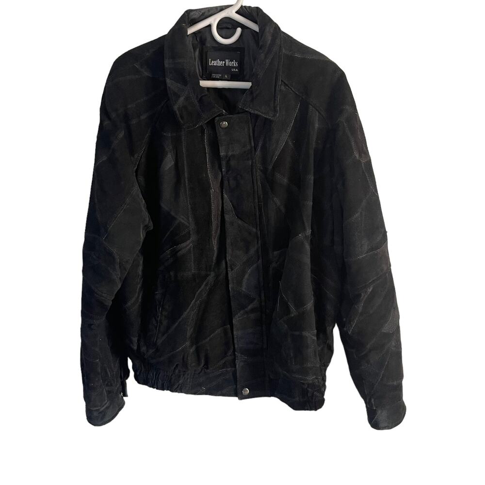 Leather Works USA Large Vintage 80s Black Leather Patchwork Bomber Jacket Grunge